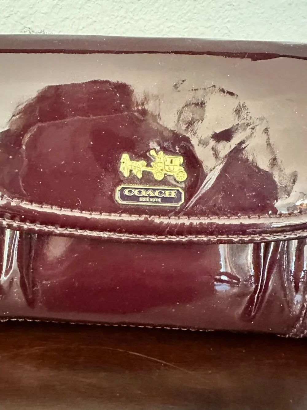 Coach Madison Burgundy Patent Leather Trifold Wallet With Check Book